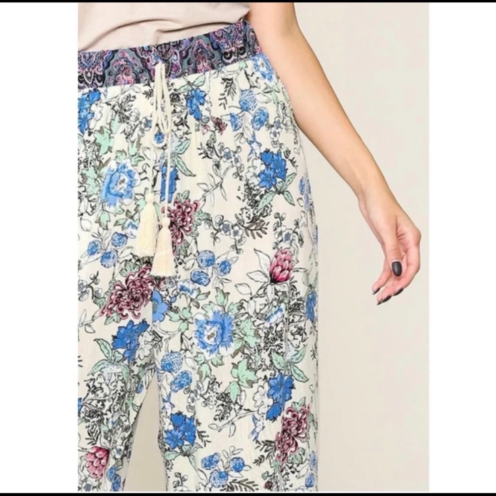 New! Sale 🔥Floral Boho Wide Leg Drawstring Tassels Tie Waist Ruffled Hem Pants - Picture 6 of 7